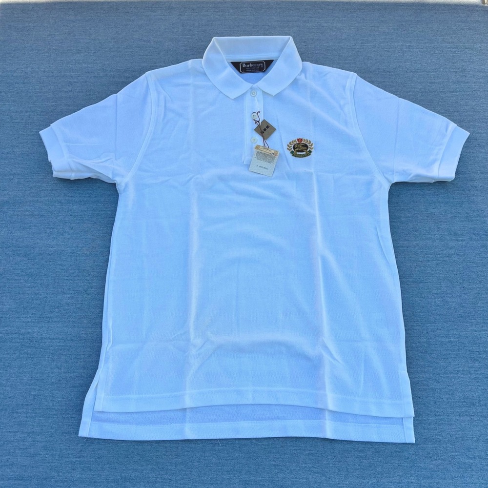 Vintage Burberrys Kids White‎ 100% Cotton SS Polo Shirt Logo Crest Size S